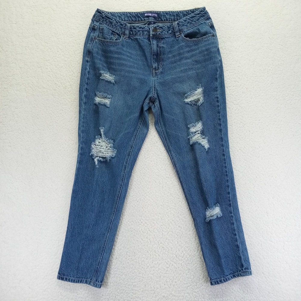 Blue Spice Womens Distressed Boyfriend Jeans Medium Wash Blue Denim Size 13‎